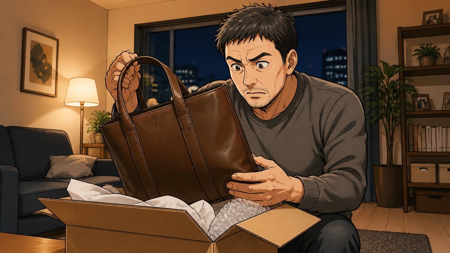 公式通販の返品は到着後1週間・未使用・色の交換不可、夜のリビングで40代男性が届いた箱を開けて革トートの色を確かめる場面