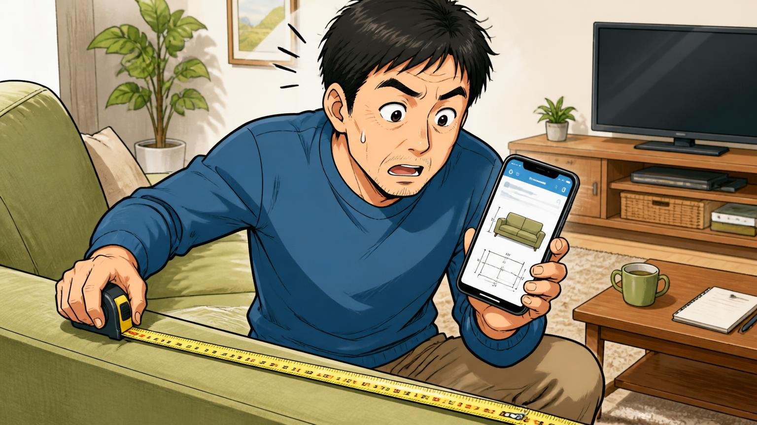 購入前に確認したい4つのこと 自宅のソファで40代男性がメジャーを手にスマホの商品ページのサイズを確かめる場面