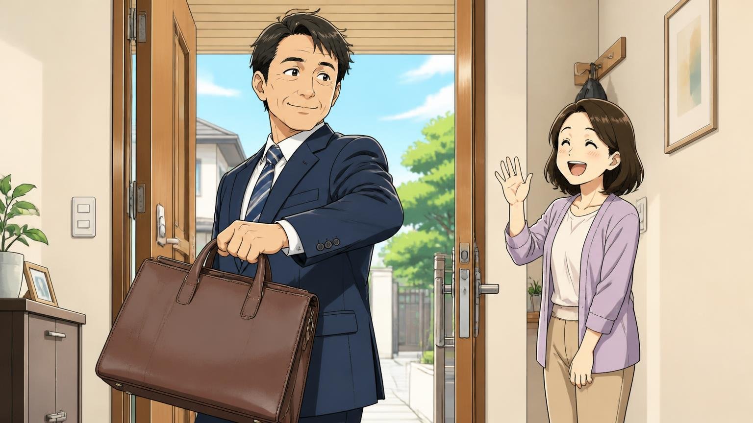何年たっても形を保つ1本を、焦らず選びたい人へ 朝の玄関で自立した革のビジネスバッグを手に取る場面 40代男性と見送る家族の2人が笑顔
