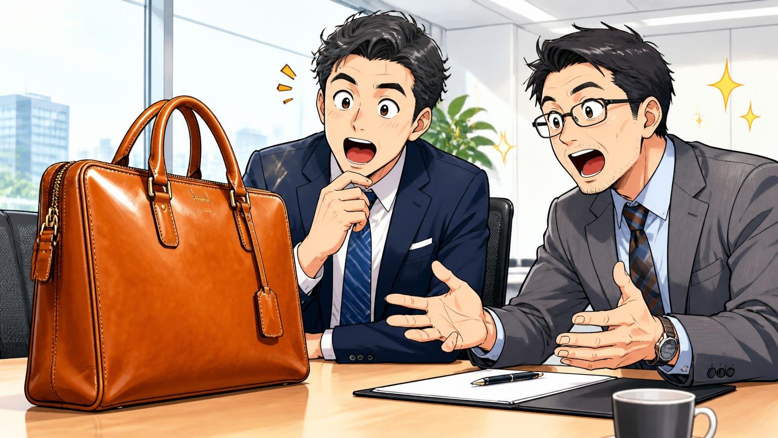 10年先も商談の場に置ける1本を探すなら、この日本製3ブランドから 明るい会議室の商談テーブル脇に置いた飴色の革バッグに取引先が感心する男性2人の場面