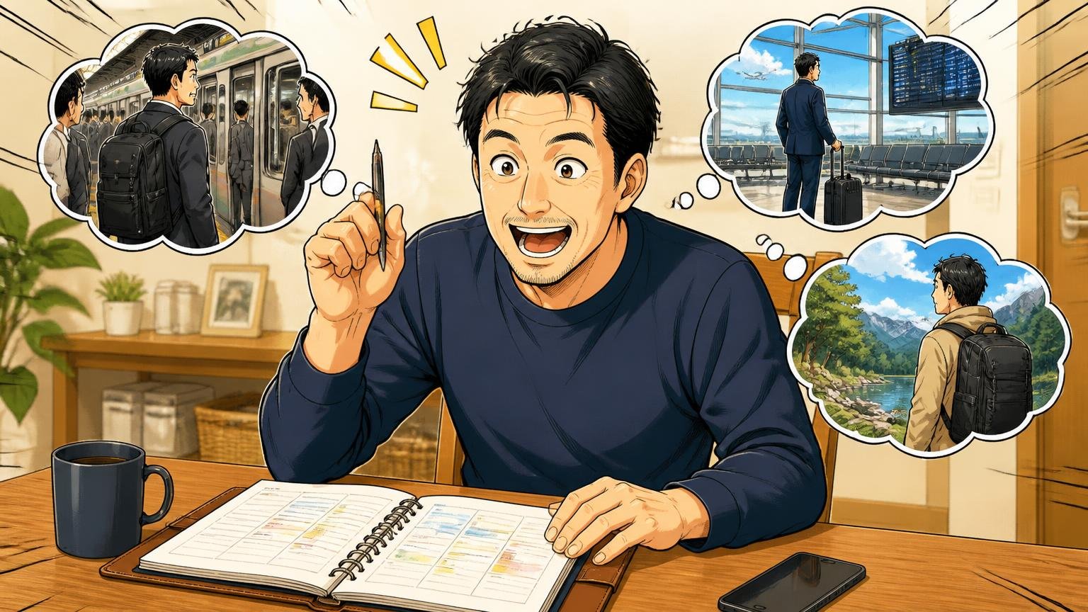 通勤・出張・休日、どこで背負うかを先に決める、自宅のダイニングでスケジュール帳を広げる40代男性1人がひらめく場面