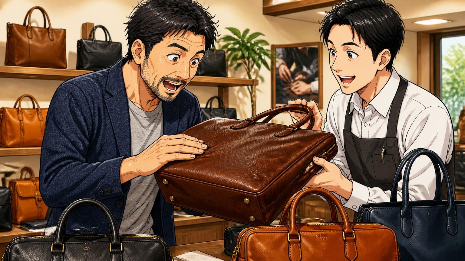 評判を調べ尽くした人が最後に見比べておきたい、日本製のメンズ革バッグブランド3選、革製品のショールームで店員と40代男性客の2人が革の質感を確かめる場面