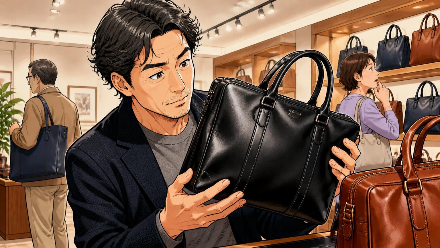 評判を調べ尽くした40代が最後に比べたい、日本製の革バッグブランド3選 ショールームで革バッグを手に取る40代男性が艶に見入る場面
