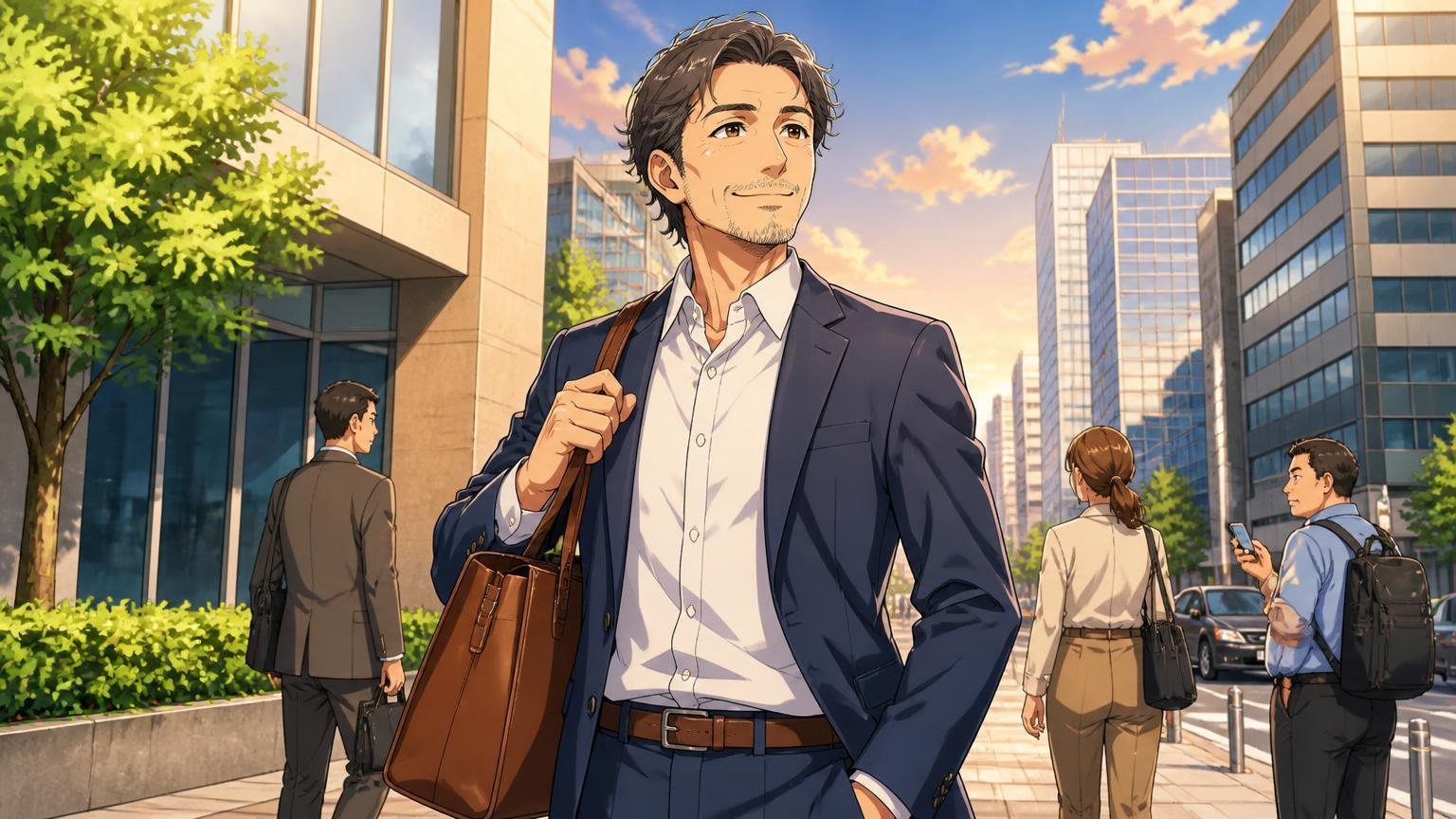 評判を調べ尽くした40代が最終候補に残したい、日本製メンズ革バッグブランド3選 夕方のオフィス街で男性が新しい革バッグを手に颯爽と歩き、晴れやかに笑う場面