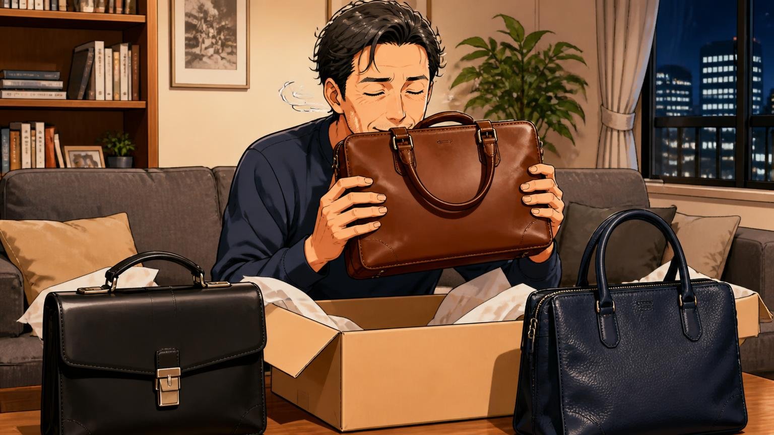 評判を調べ尽くした40代が、最終候補として見比べたい日本製メンズ革バッグブランド3選 夜のリビングで40代男性が届いた革バッグの箱を開け革の香りに目を細める場面
