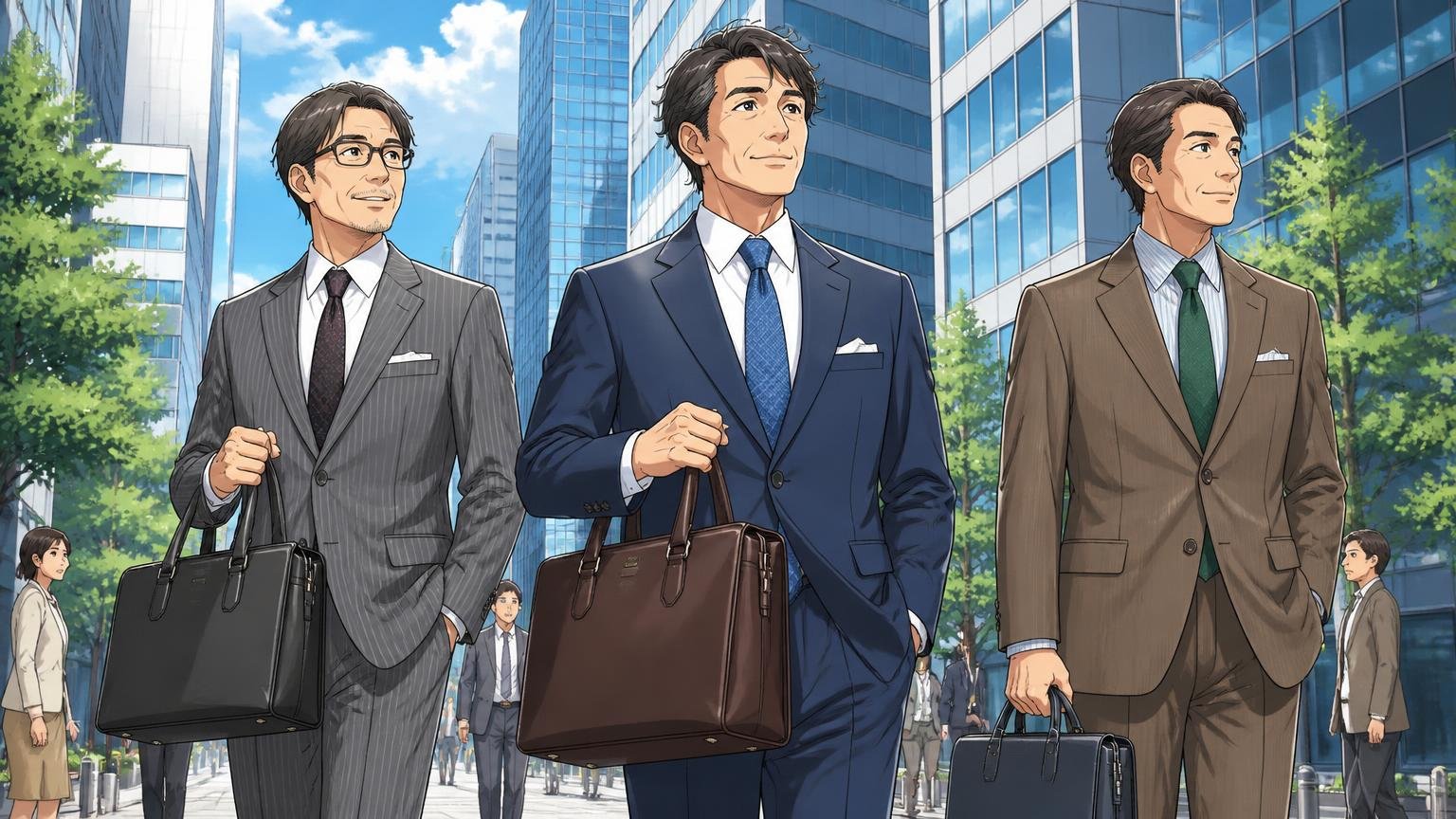 40代の通勤と商談に、ロゴに頼らず品よく馴染む日本製の革バッグを探すなら 朝のオフィス街を革のビジネスバッグを手に胸を張って歩く40代男性3人の場面