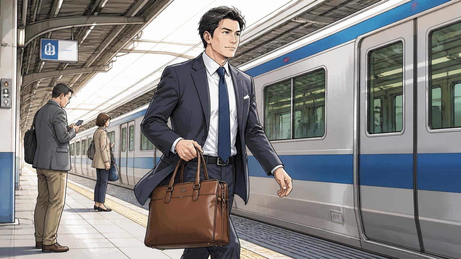 10年後も「選んでよかった」と思える1本を、日本製の革バッグから探してみる 朝の駅のホームでスーツ姿の40代男性1人が革のバッグを手に颯爽と歩く場面