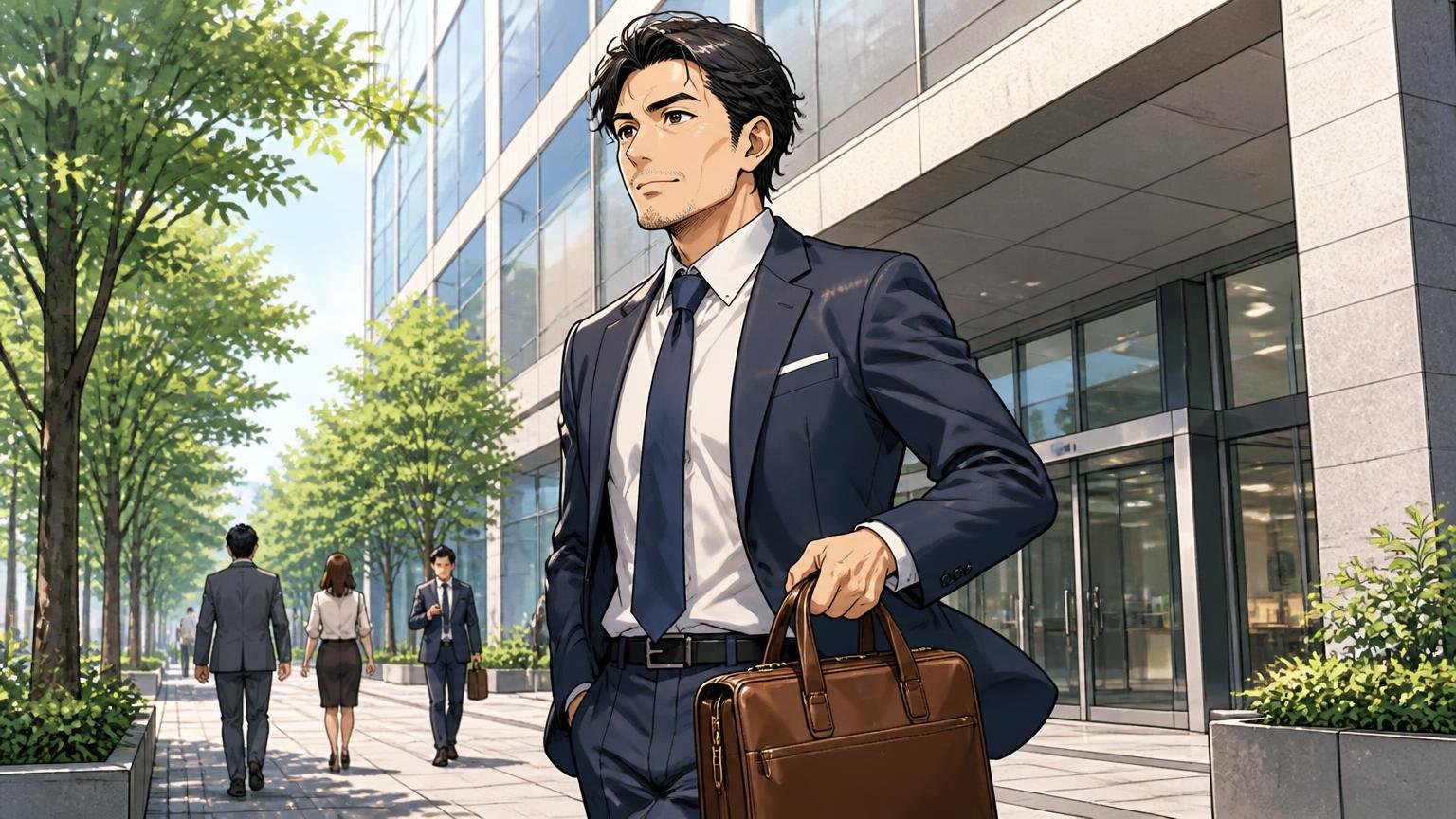40代の見え方を静かに整えたい人が、最終候補に残したい日本製の革バッグブランド3選 朝のオフィスビルの前で革のビジネスバッグを手に颯爽と歩き出す40代男性1人
