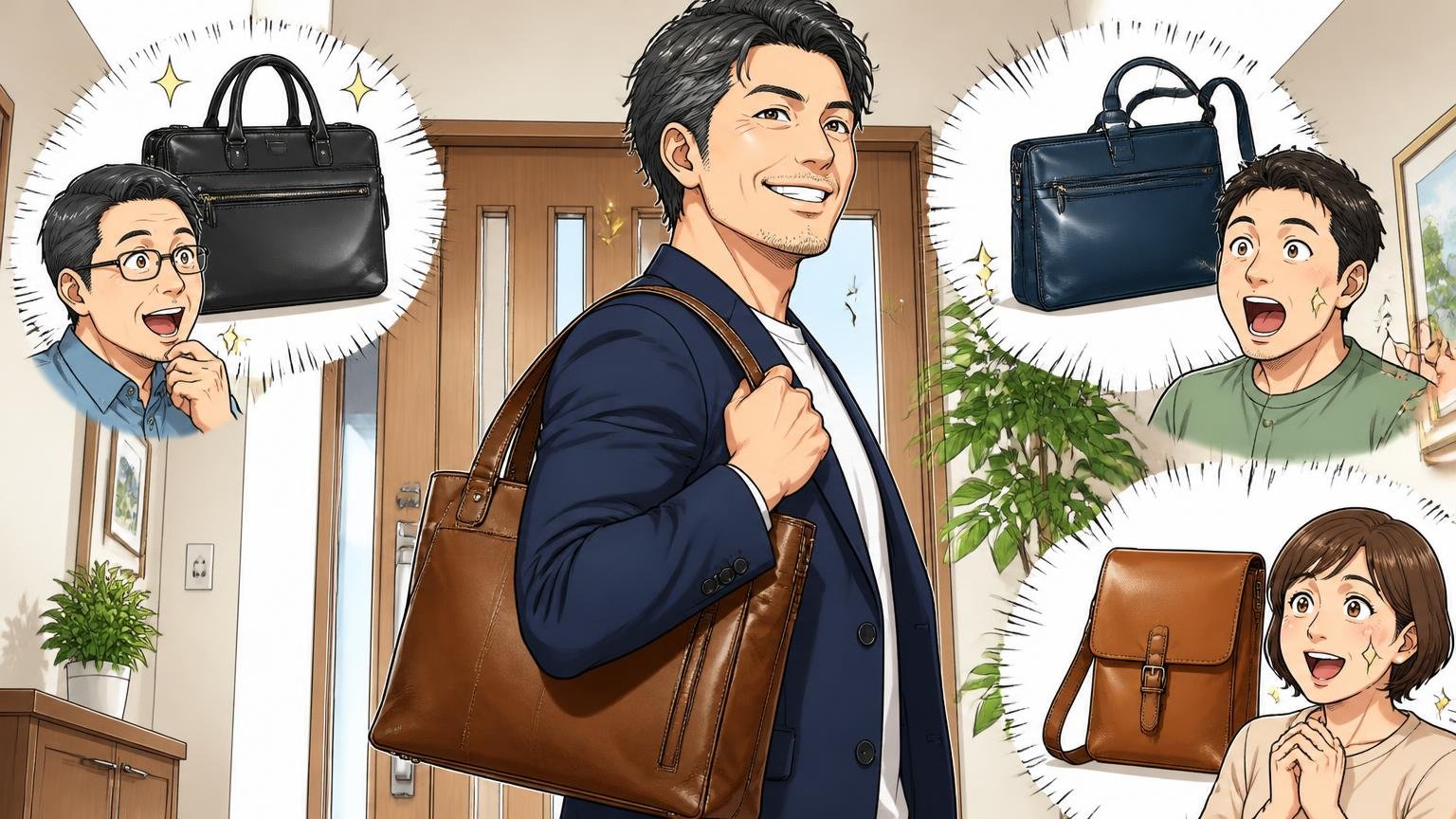 評判を調べ尽くした40代が最終候補に残したい、日本製メンズ革バッグブランド3選 自宅の玄関で新しい革バッグを肩に掛け背筋を伸ばして笑う40代男性