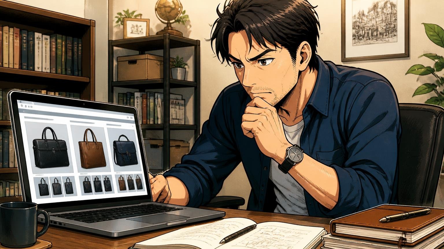 評判を調べ尽くした40代が最終候補に残したい日本製メンズ革バッグブランド3選。自宅の書斎でノートPCの画面を見比べて決意の表情を浮かべる40代男性1人の場面