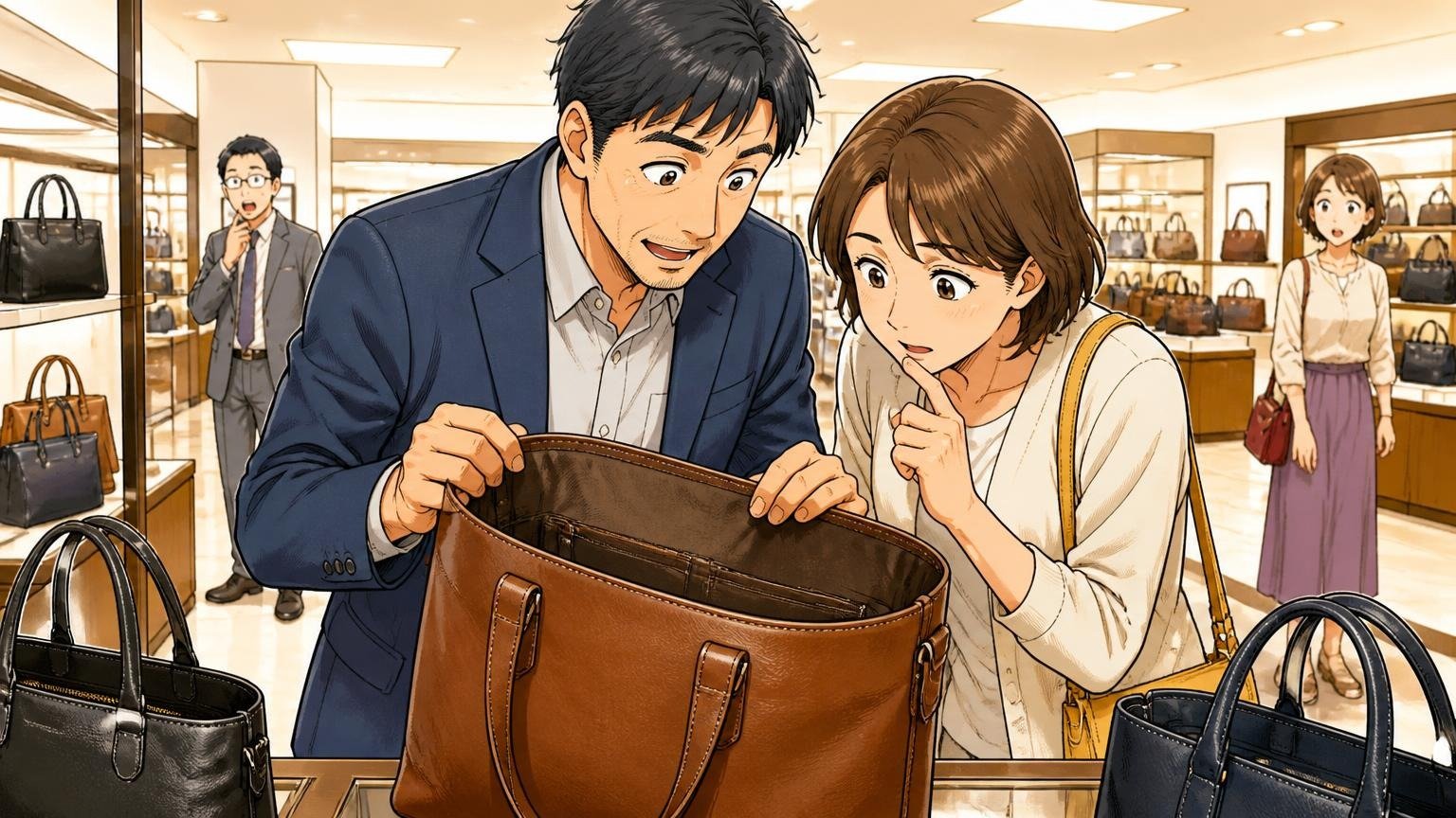 買い替えが向いている人・向いていない人、百貨店の鞄売り場で40代男性と妻が革トートの内側をのぞいて相談する場面