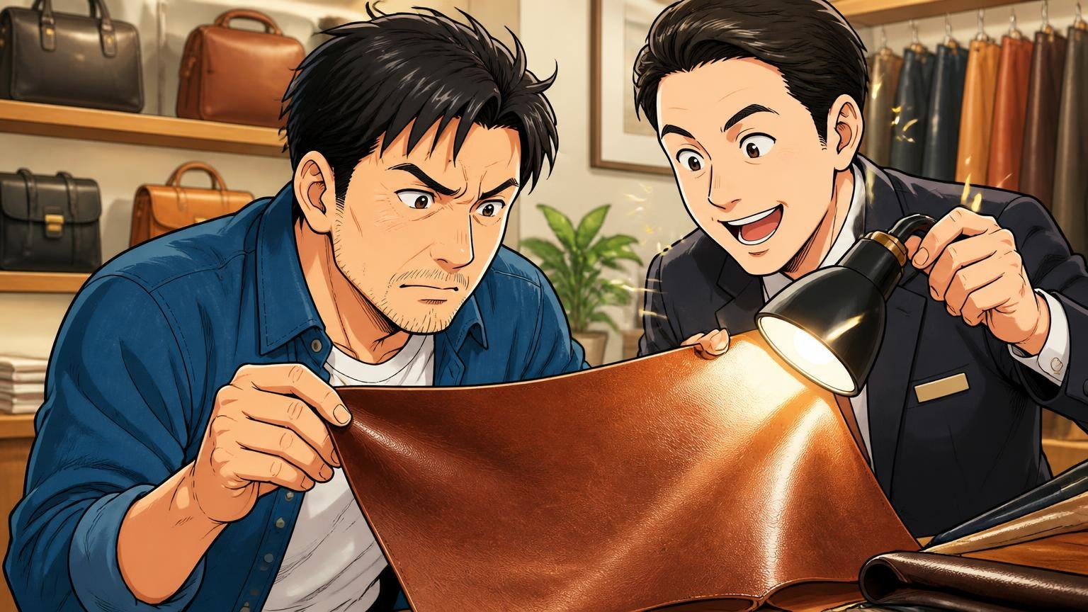 表面の均一さ:傷や個体差をどこまで許せるか ショールームで店員と一緒に革の表面を光に当てて確かめる40代男性と店員の2人