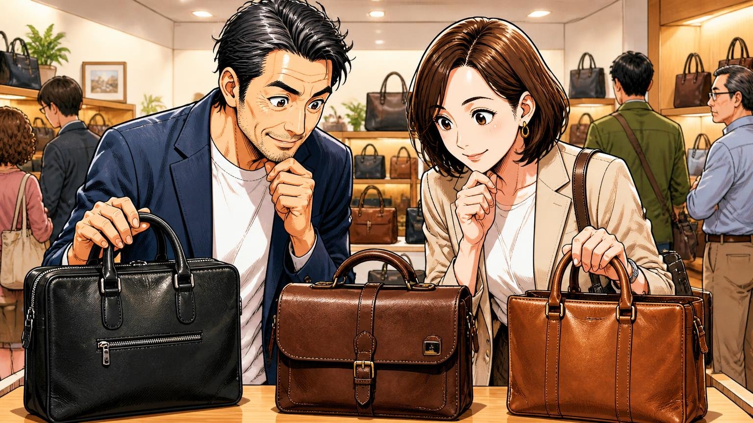 評判を調べ尽くした40代が最終候補に残したい、日本製メンズ革バッグブランド 鞄売り場で3つの革バッグを比べる場面 40代男性と30代女性の2人が納得してうなずく