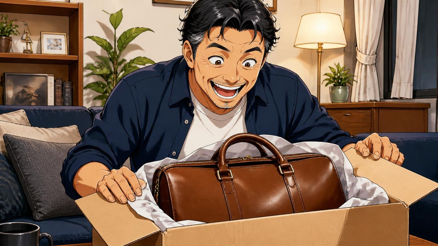 評判を調べ尽くした40代が最終候補に残したい、日本製メンズ革バッグブランド3選 夜のリビングで届いた革のビジネスバッグの箱を開ける40代男性1人が満面の笑みを浮かべる場面