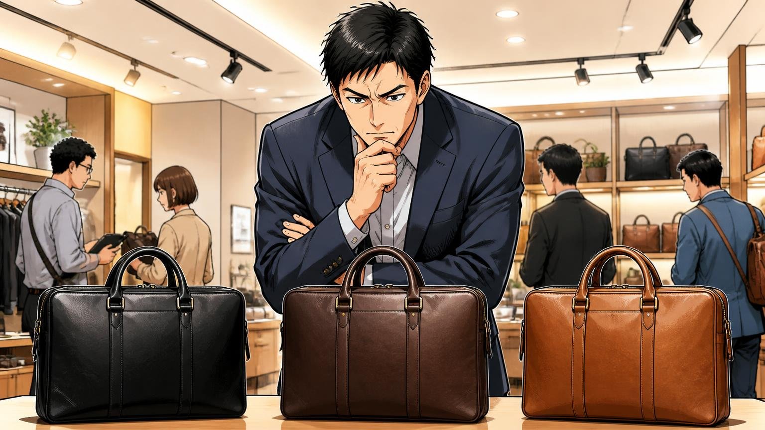 通勤用の1本を探すなら、まずはこの3ブランドを見比べてみてください。ショールームで3つの革ビジネスバッグを並べて見比べる40代男性1人が真剣に選ぶ場面