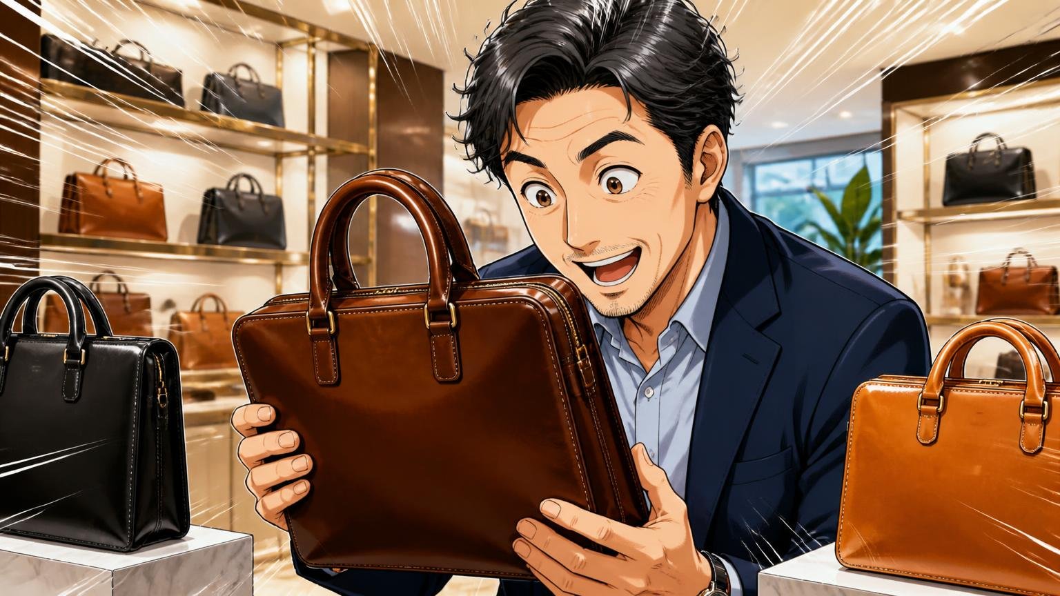 評判を調べ尽くした40代が、最後に見比べたい日本製の革バッグブランド3選 ショールームで革のビジネスバッグを手に取る40代男性1人が目を輝かせる
