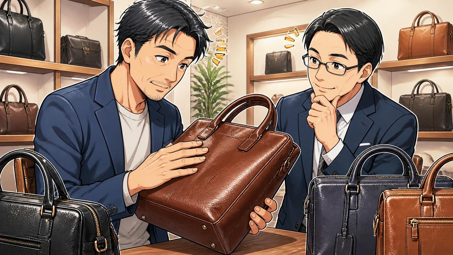 評判を調べ尽くした40代が、最後に見比べておきたい日本製メンズ革バッグブランド3選 ショールームで革の質感を確かめる場面 40代男性と店員の2人がうなずく
