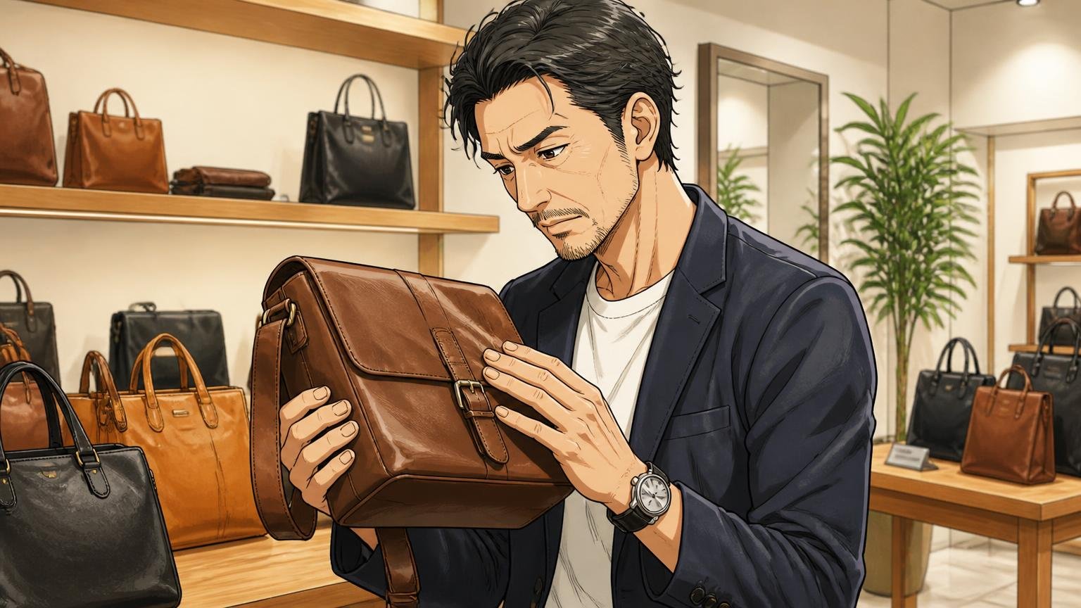 評判を調べ尽くした40代が最後に見比べたい日本製の革バッグブランド、ショールームで革のバッグを手に取って質感を確かめる男性1人の場面