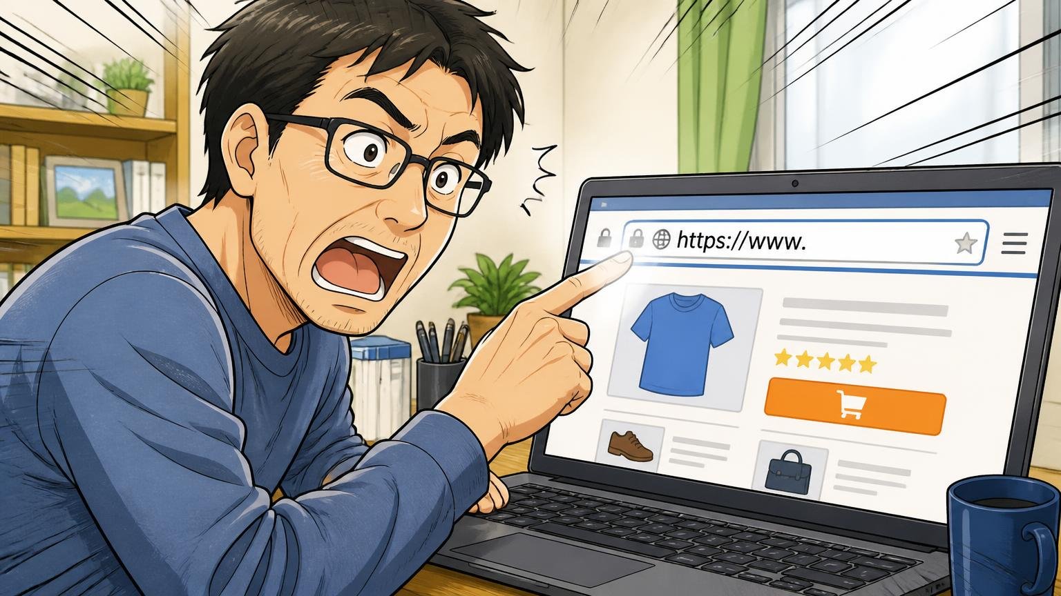 公式サイトか正規取扱店で買う（偽サイト・別注品に注意） 自宅のデスクでパソコンの通販サイトのアドレス欄を指さし確認する40代男性1人