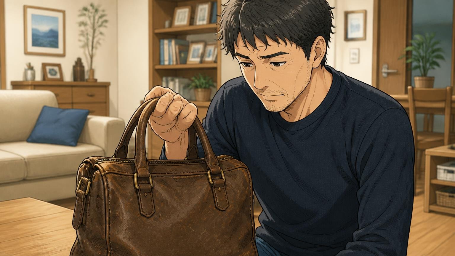 長年のリュックから「革のバッグ」へ移る40代は少なくない、自宅のリビングで使い込んだ鞄を手放す前に、40代男性が持ち手をそっと握る場面