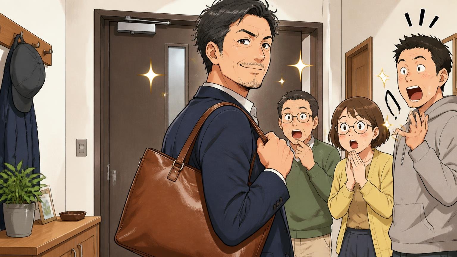 評判を調べ尽くした40代が最終候補に残したい、日本製メンズ革バッグブランド3選 自宅の玄関で革バッグを肩にかけた40代男性が誇らしげに微笑む場面