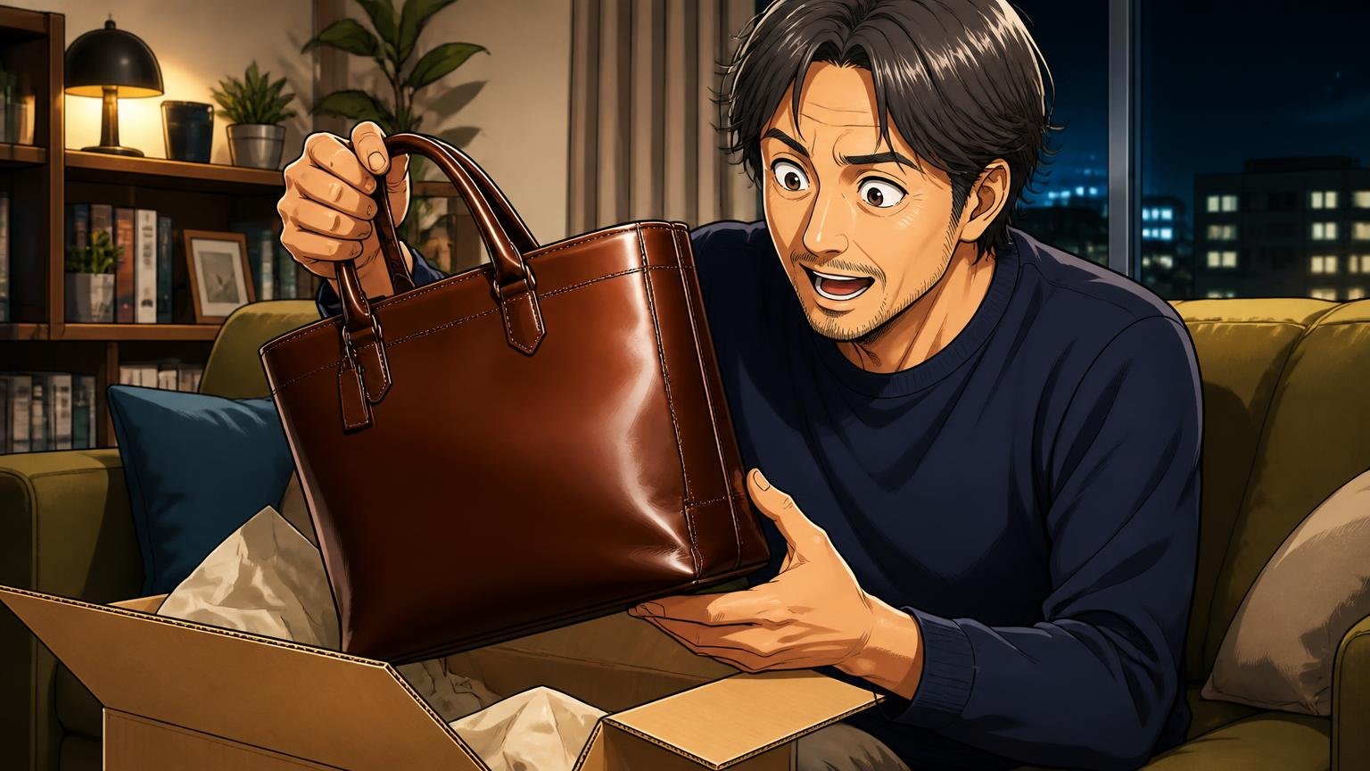 評判を調べ尽くした40代が、最終候補に残したい日本製の革バッグブランド 夜のリビングで届いた革バッグの箱を開けて革の艶に見入る40代男性1人の場面