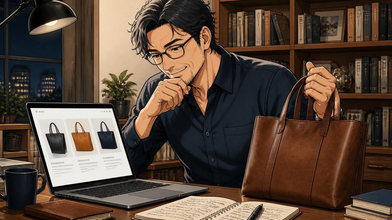 評判を調べ尽くした40代が最後に見比べたい、日本製の革バッグブランド3選 夜の書斎でノートPCの公式サイトと手元の革トートを見比べ微笑む40代男性1人