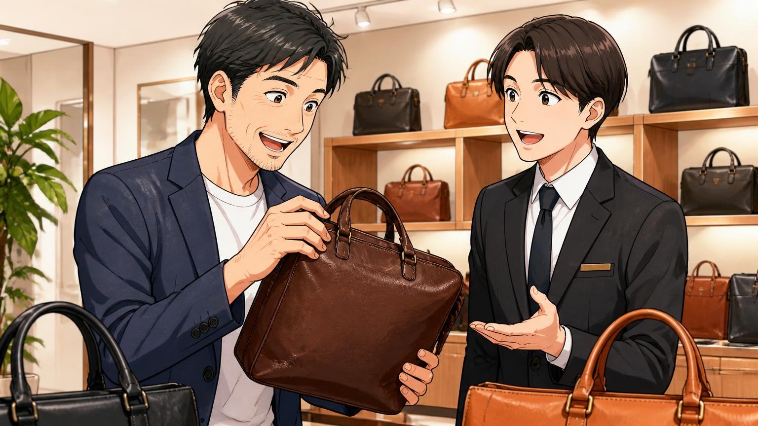 10年後も買ってよかったと思いたい40代が最後に見比べている日本製ブランド3選｜ショールームで革のバッグを手に取る40代男性と店員の2人が笑顔を交わす場面