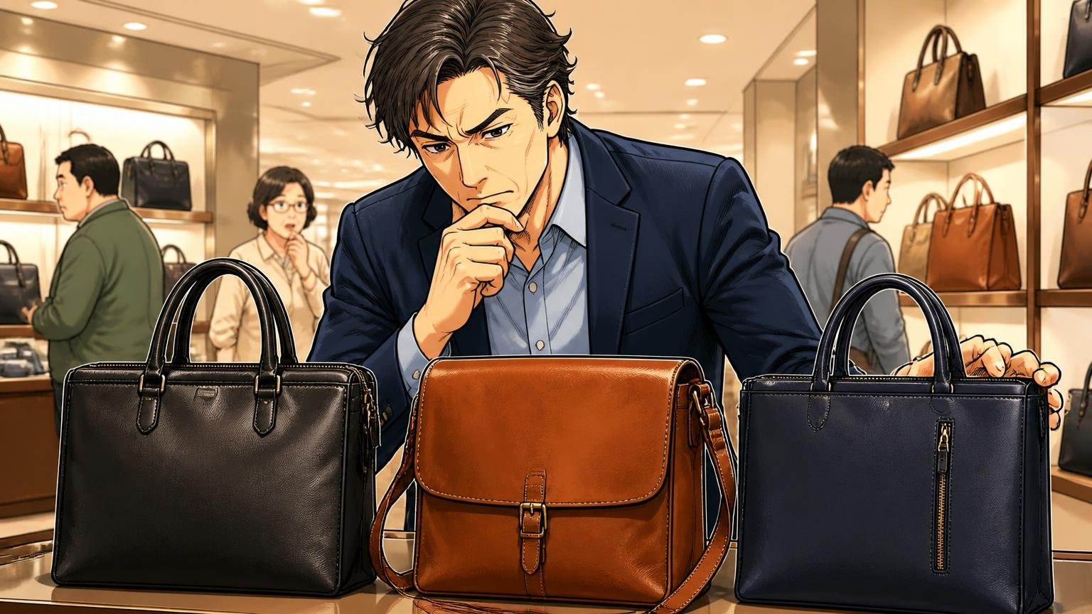 評判を調べ尽くした40代が最終候補に残したい日本製革バッグブランド3選 百貨店の鞄売り場で3つの革バッグを並べて真剣に見比べる40代男性1人の場面