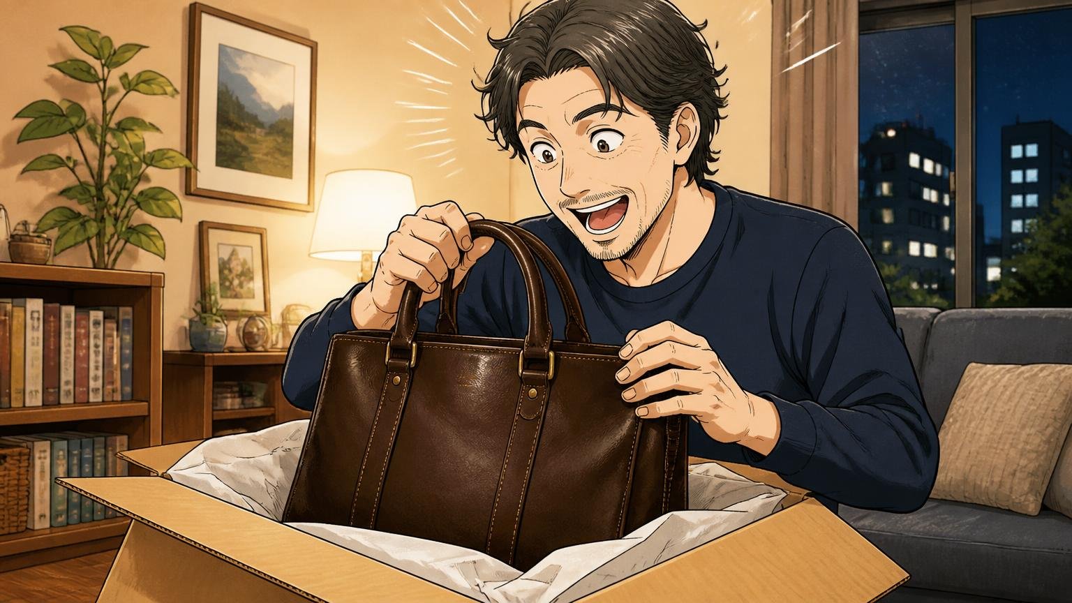 評判を調べ尽くした40代が最終候補に残したい、日本製メンズ革バッグブランド3選 夜の自宅のリビングで、届いた革トートの箱を開けて目を輝かせる40代男性1人