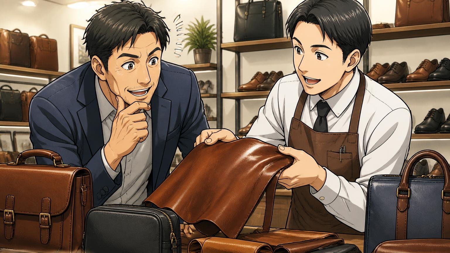 比べるときは「生産国・縫製・修理・実物確認」の4点だけ見ればいい、革製品のショールームで店員と一緒に革の艶を確かめる40代男性1人が感心してうなずく場面