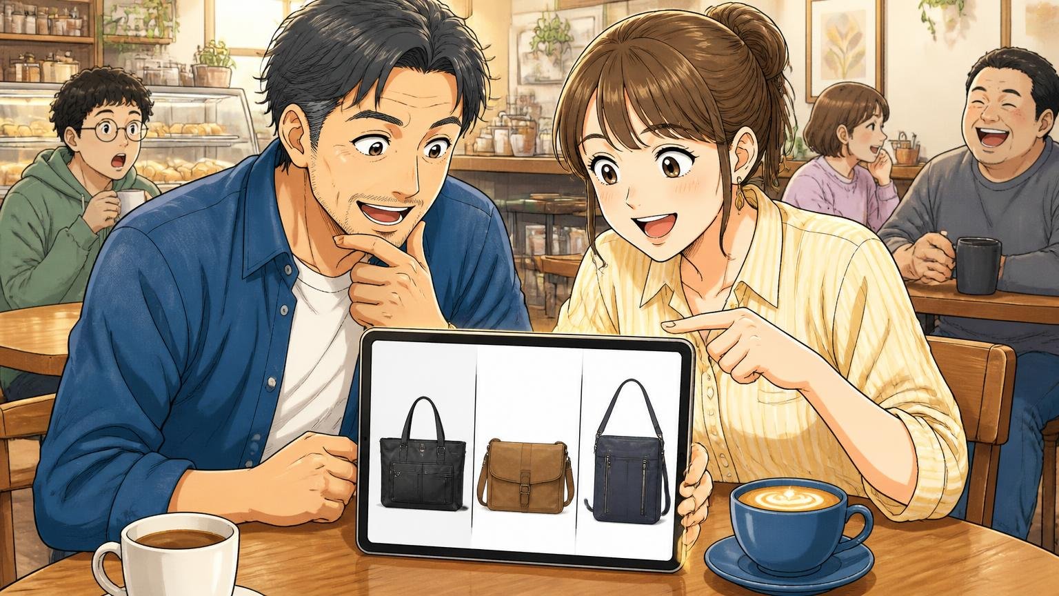 迷ったら日本製の3ブランドを並べて比べてから決めよう 休日のカフェで40代男性と30代女性がタブレットで3つのバッグを比べる場面