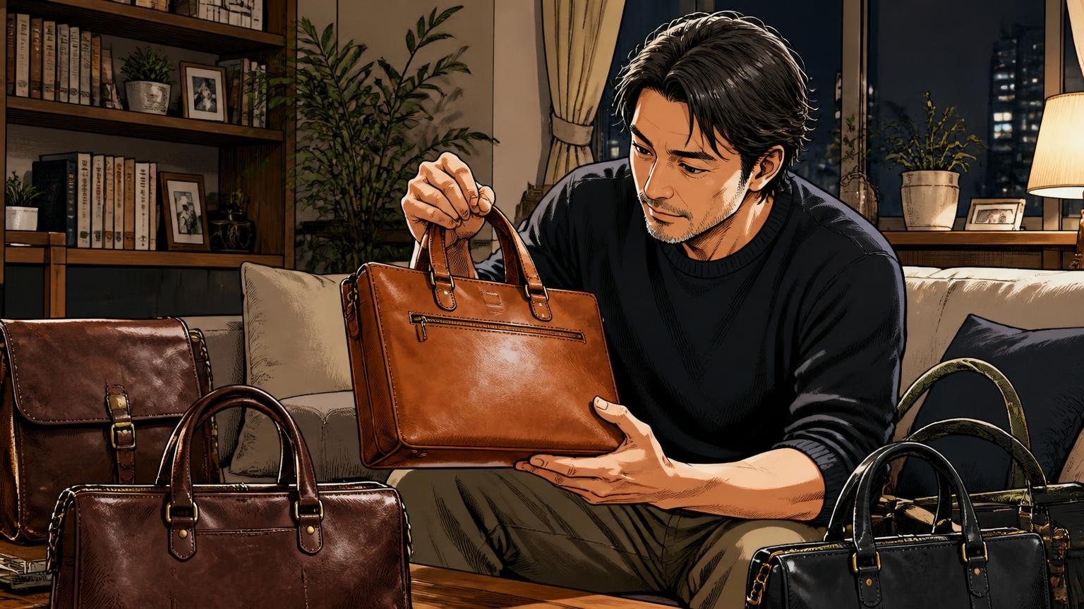 「10年後もいい顔をしている1本」を選びたい40代が見比べておきたい日本製の革バッグブランド 夜のリビングで飴色に育った本革バッグを手に取り眺める40代男性1人