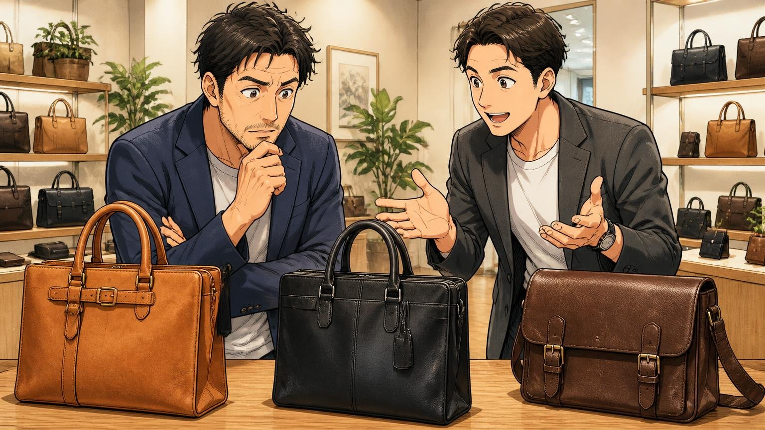 10年単位で付き合う1本を、複数の日本製ブランドで見比べたい人へ。ショールームで3つの革バッグを並べて店員と一緒に見比べる40代男性1人と店員1人