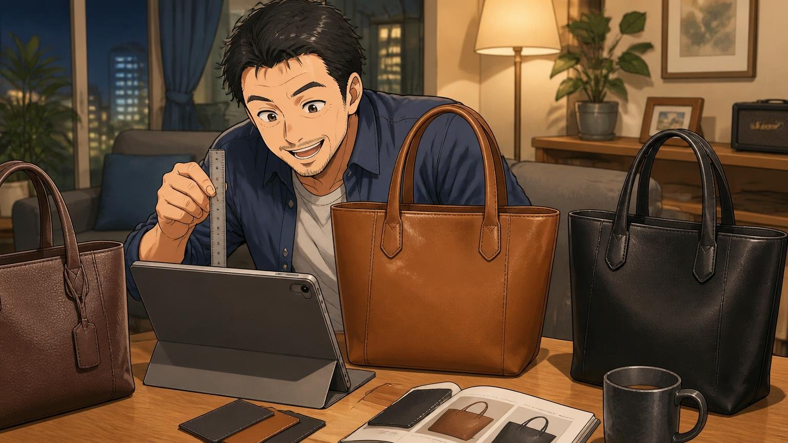 自分の物差しで、日本製の1本を見比べてみる 夜のリビングでタブレットを見ながら革トートの候補を比べて笑顔になる40代の男性1人