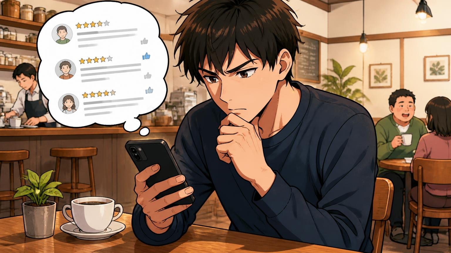 ステップ2：口コミは「使用年数・用途・不満の中身」で読む カフェでスマホのレビュー画面を真剣に読み込む男性1人