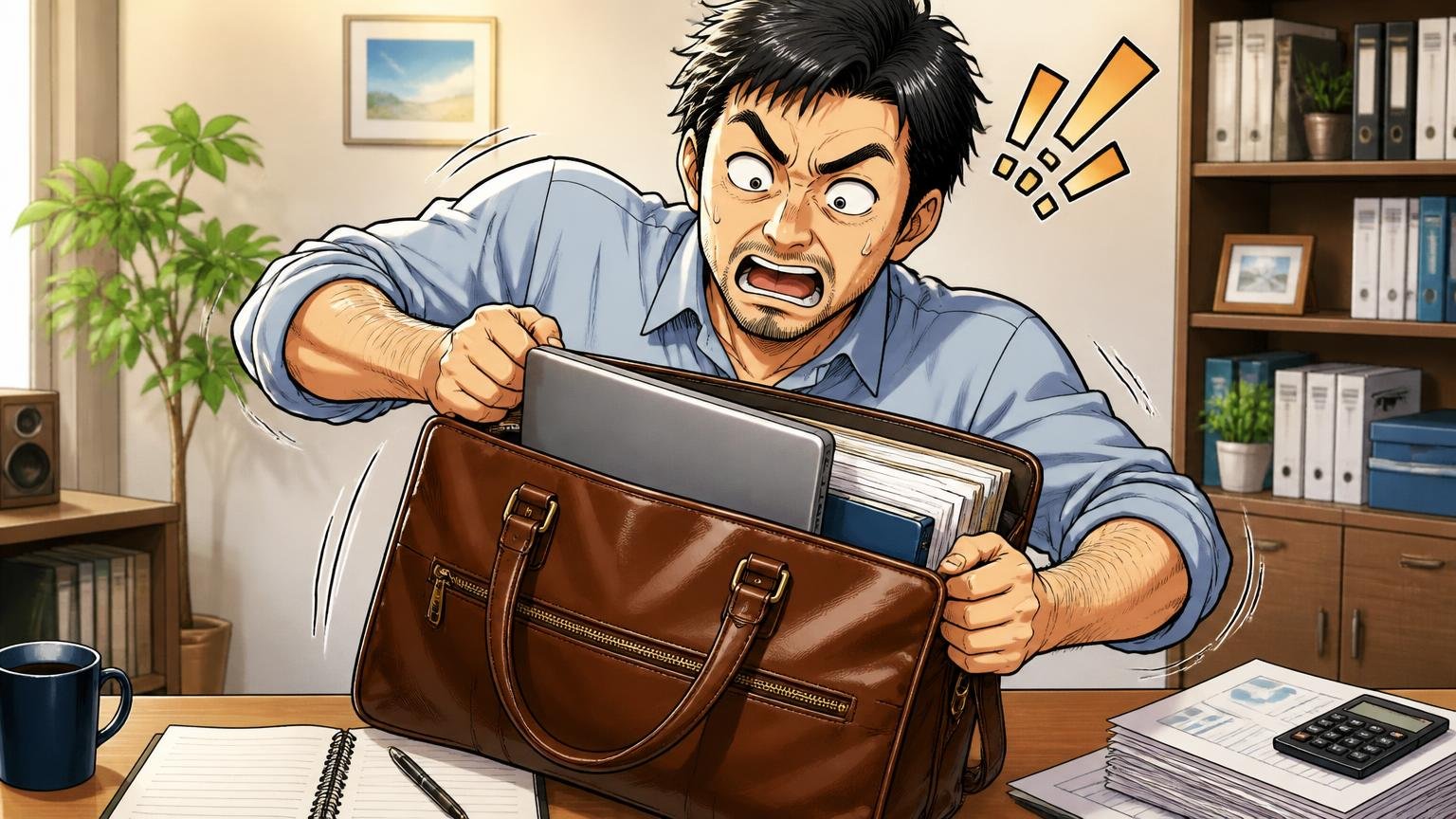 重さと容量:PCや書類を毎日入れるか 自宅のデスクでノートPCと書類を革のビジネスバッグに詰めて重さを確かめる40代男性1人