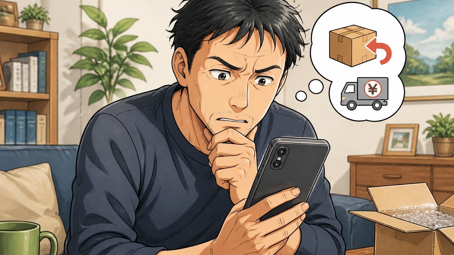 返品条件と送料を先にチェックする 自宅のリビングでスマホの返品規約を読みながら眉をひそめる40代男性1人