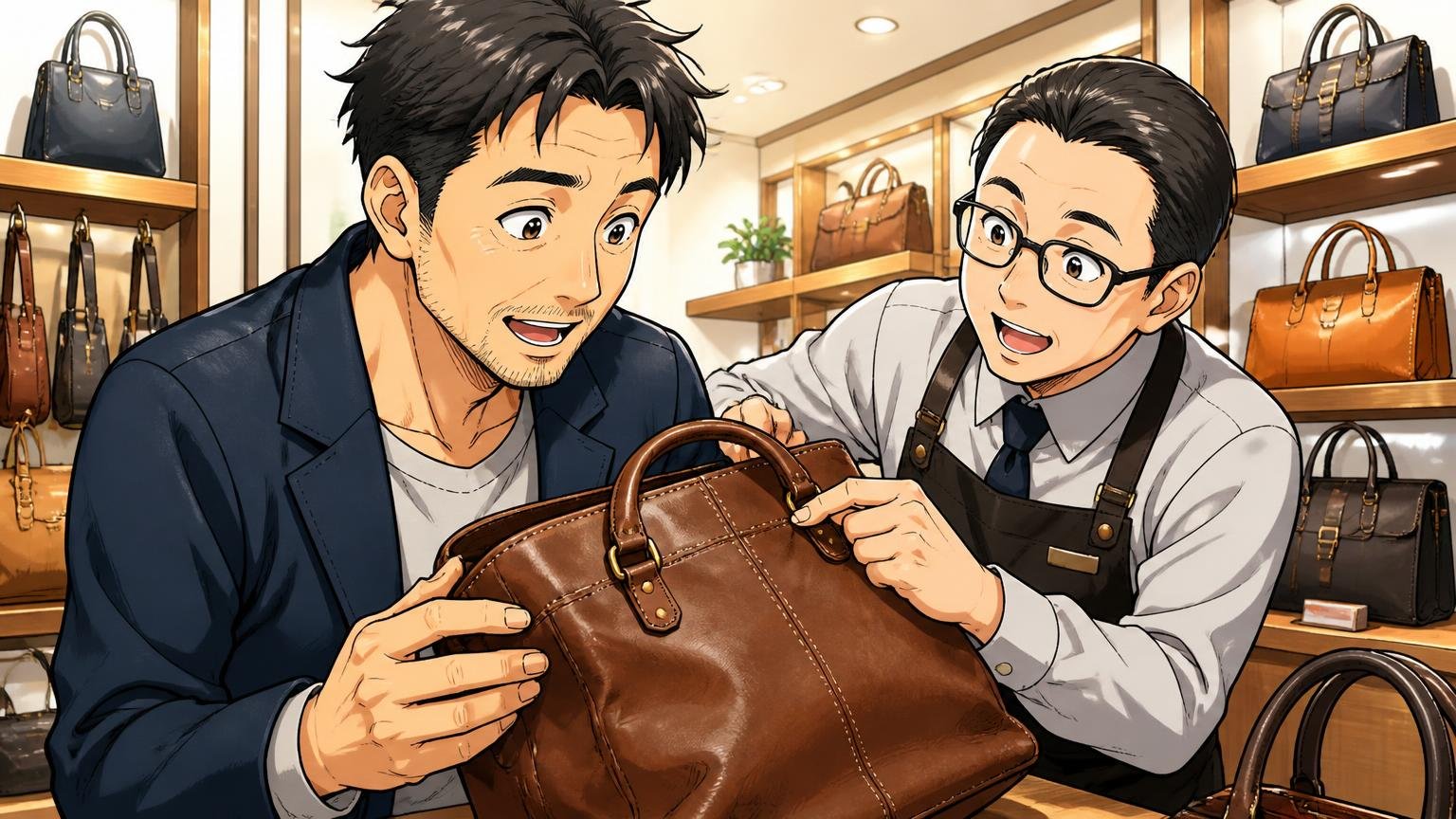 失敗しない革バッグ選びの4つの確認ポイント、革製品のショールームで店員と一緒に革の縫い目と重さを確かめる40代男性の場面