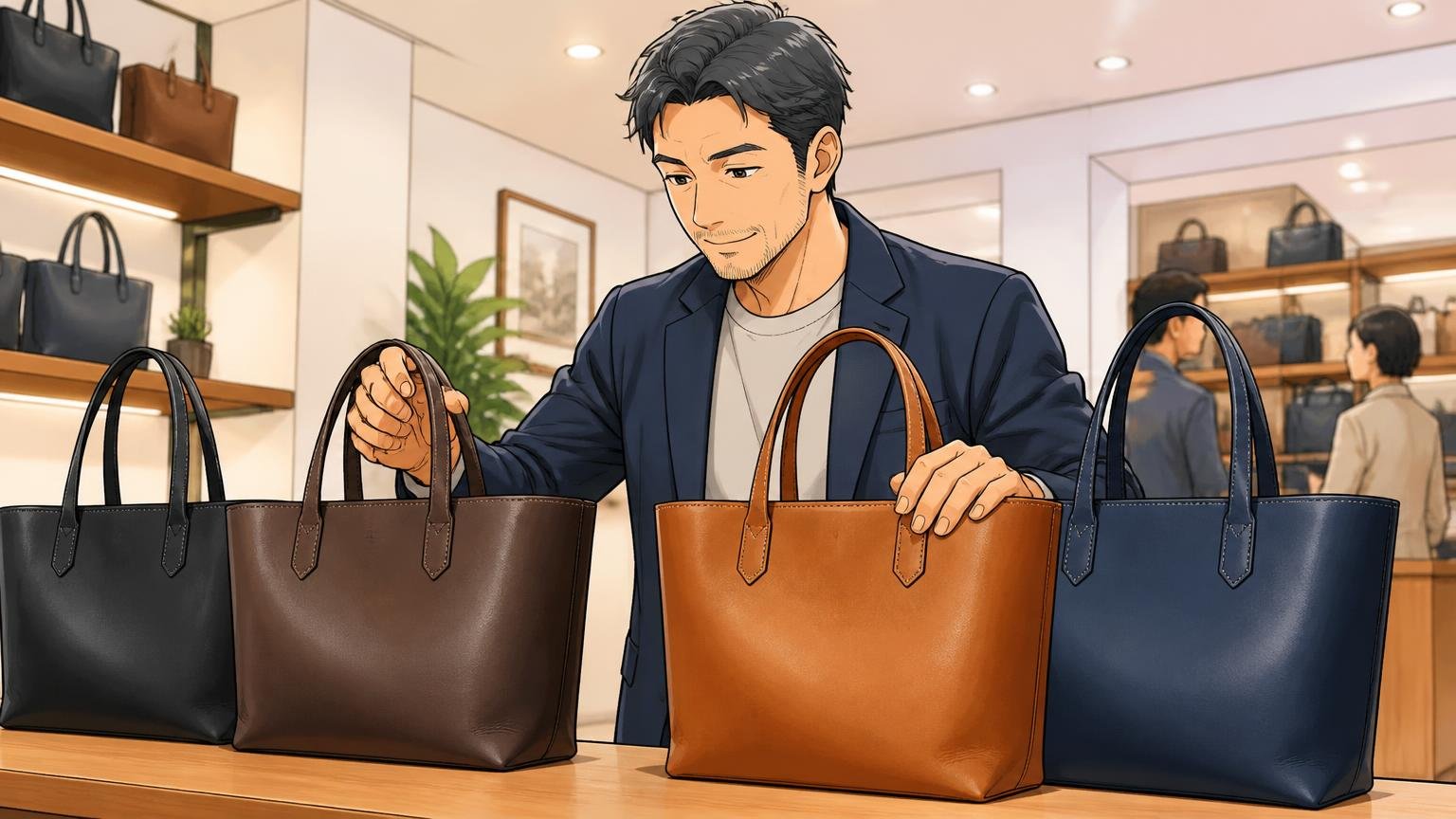 実物確認・保証の一本化・品揃えを重視する人は、公式サイトが向く ショールームで色違いの革トートを並べて見比べ一つを選ぶ40代男性1人 落ち着いた笑顔