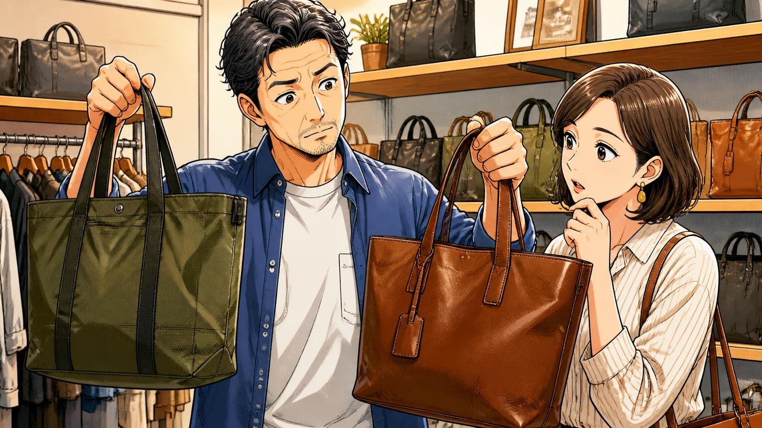 ナイロンか革か、優先する素材を決める　セレクトショップの棚の前でナイロンと革のトートバッグを両手に持つ場面　40代男性と30代の妻の2人が見比べる