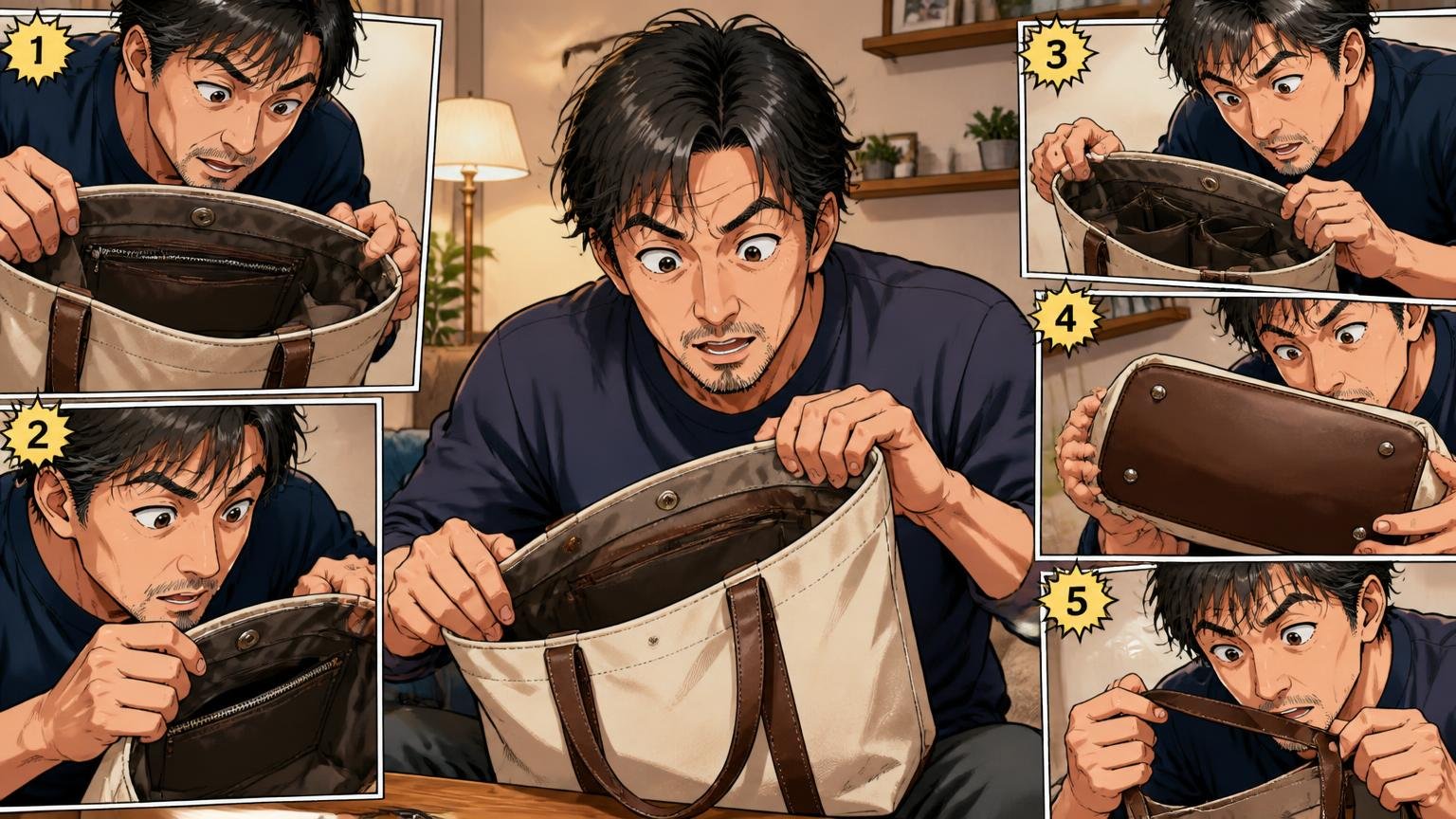 届いたらすぐ確認したい5か所 夜のリビングで40代男性が届いたトートの内ポケットや底を一つずつ点検する場面