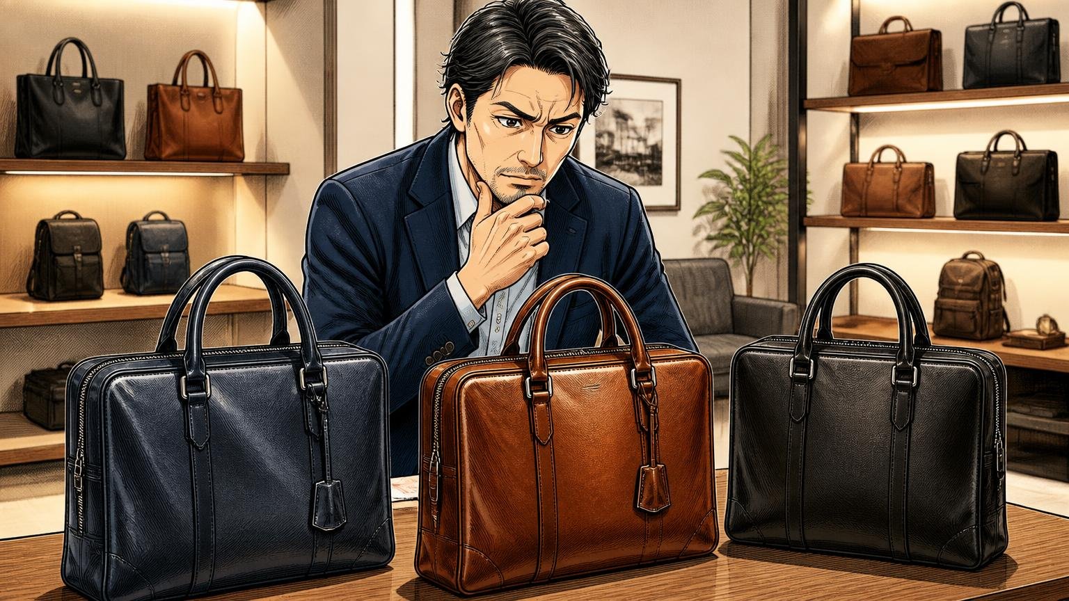 アニアリの評判を調べ尽くした40代が、仕事用に比べておきたい日本製メンズ革バッグブランド3選 ショールームで40代男性が革のビジネスバッグを見比べる場面