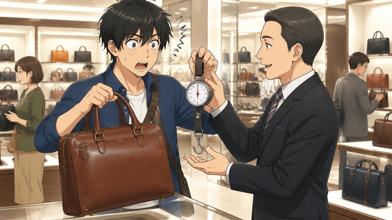 ステップ3：実物・素材表示・修理と返品の条件を確かめてから決める 百貨店の売り場で店員と革バッグの重さを確かめる男性1人