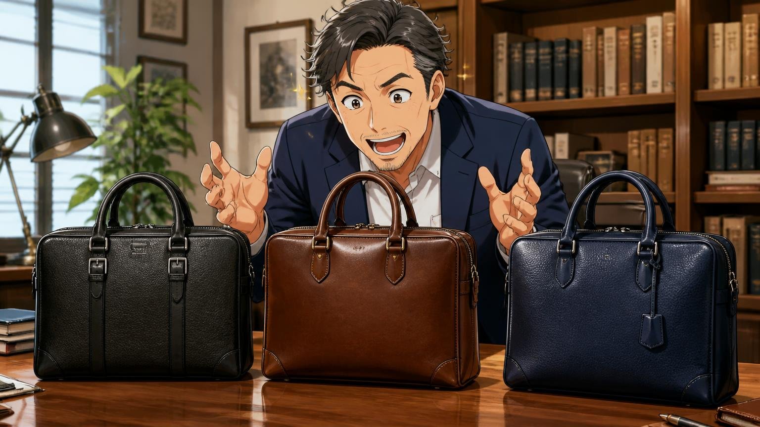 ロゴで主張せず品格を出したい40代へ。日本製のメンズ革バッグブランド3選、落ち着いた書斎の机に三つの革のビジネスバッグが並び、男性が見比べて目を輝かせる場面