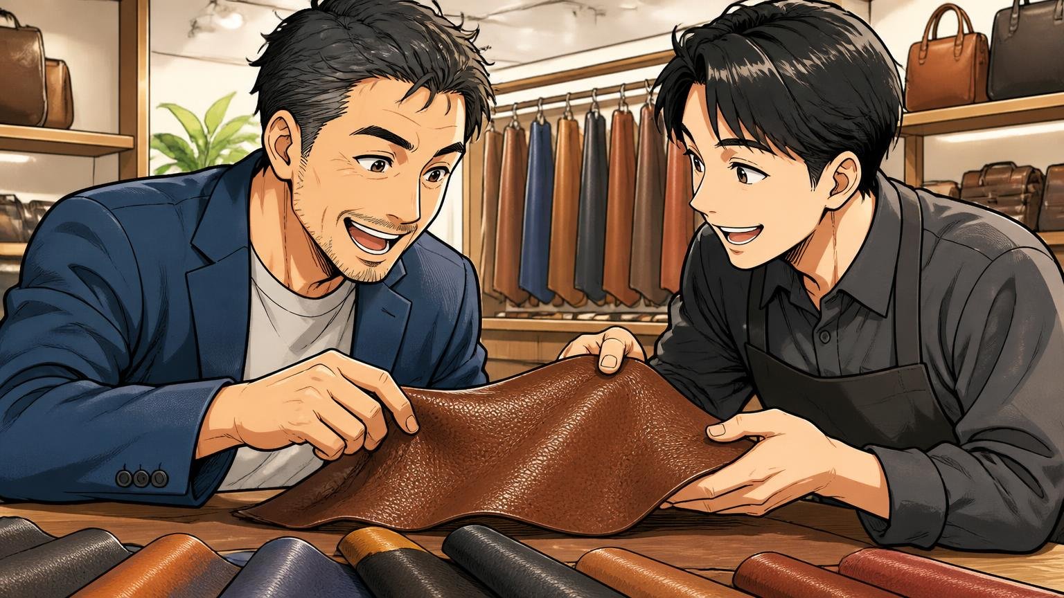 公式サイトと店舗で実物と条件を確かめる　ショールームで店員と革の質感を確かめる場面　40代男性客と店員の2人が笑顔で革に触れる