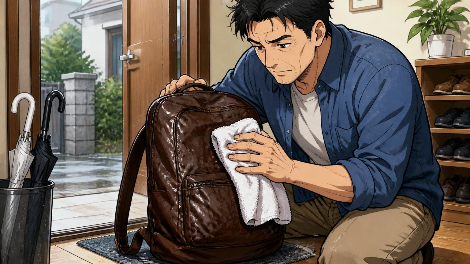 買ったあとは雨と湿気に注意して手入れする、雨上がりの自宅の玄関で濡れた革のリュックをタオルで拭く40代男性1人が丁寧に手入れする場面