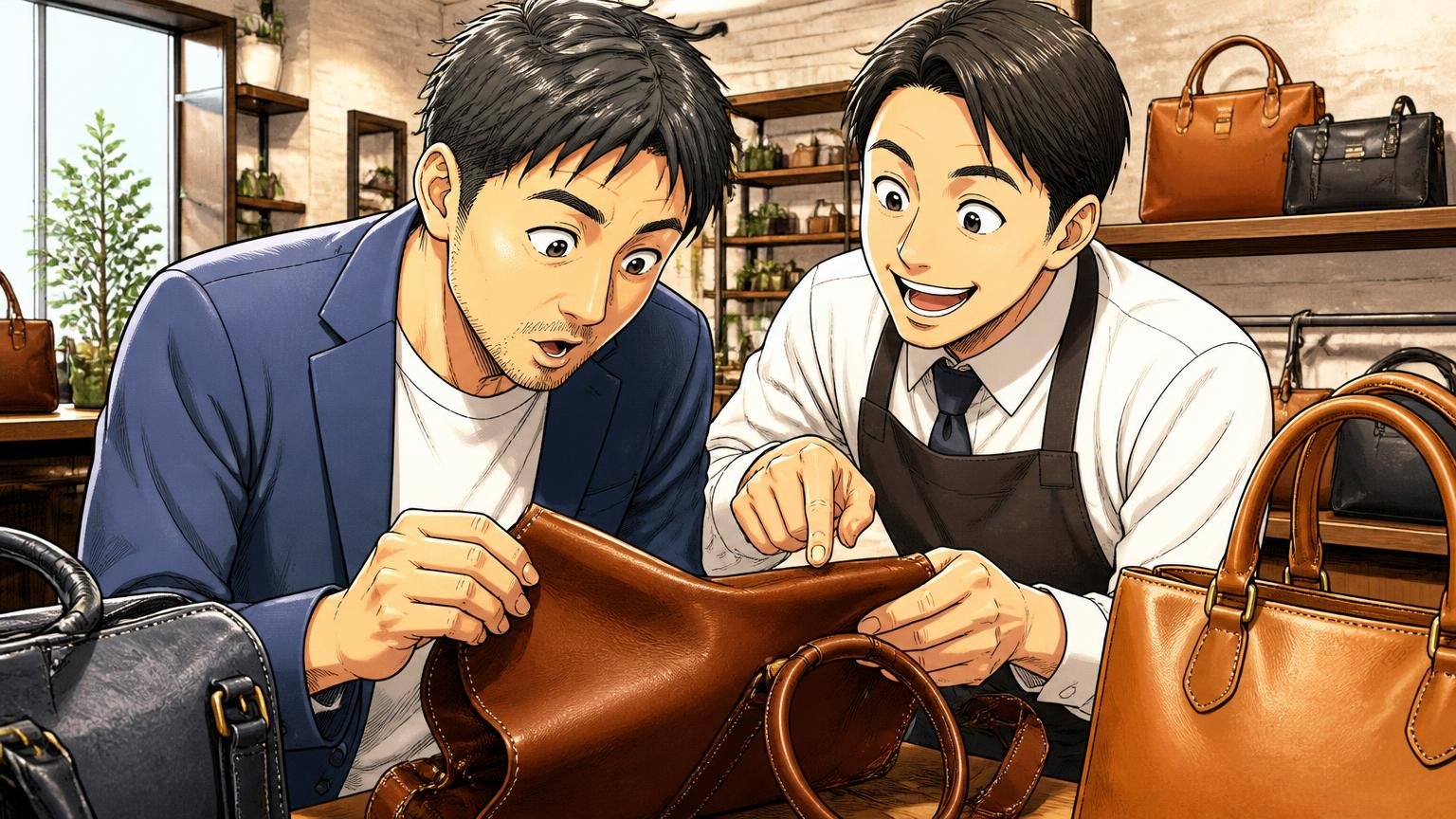 日本製の革バッグを選ぶときに確認したい4つのこと ショールームで店員と一緒に革の質感と縫い目を確かめる40代男性1人と店員1人