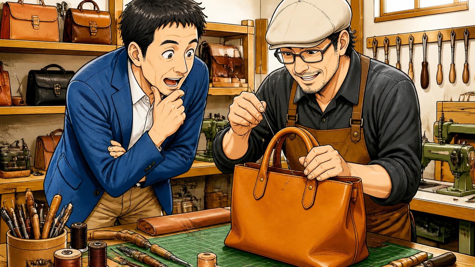 生産体制:誰が、どこで仕立てたか 革工房で職人が革バッグを縫製する様子を見学する40代男性と職人の2人