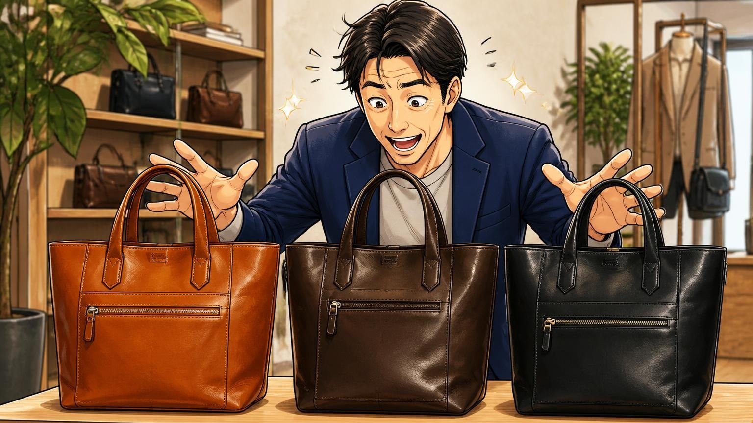 内ポケットとファスナーで探さないトートを選びたい40代に、日本製の革バッグブランド3選、ショールームで男性が3つの革トートを並べて見比べ目を輝かせる場面